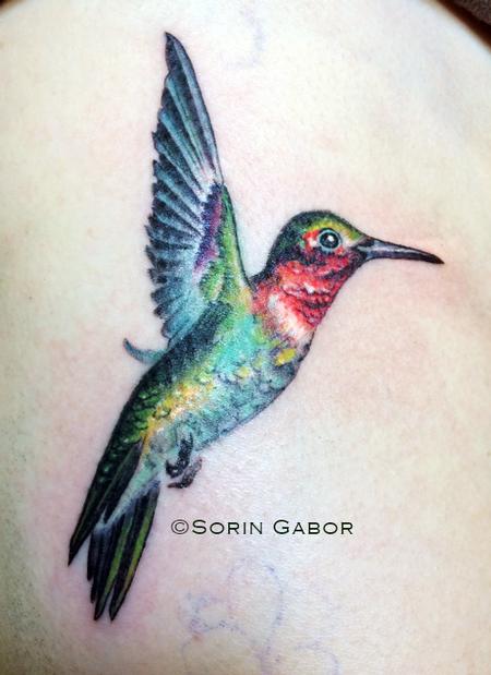 Tattoos - realistic color hummingbird tattooon ribs - 98059